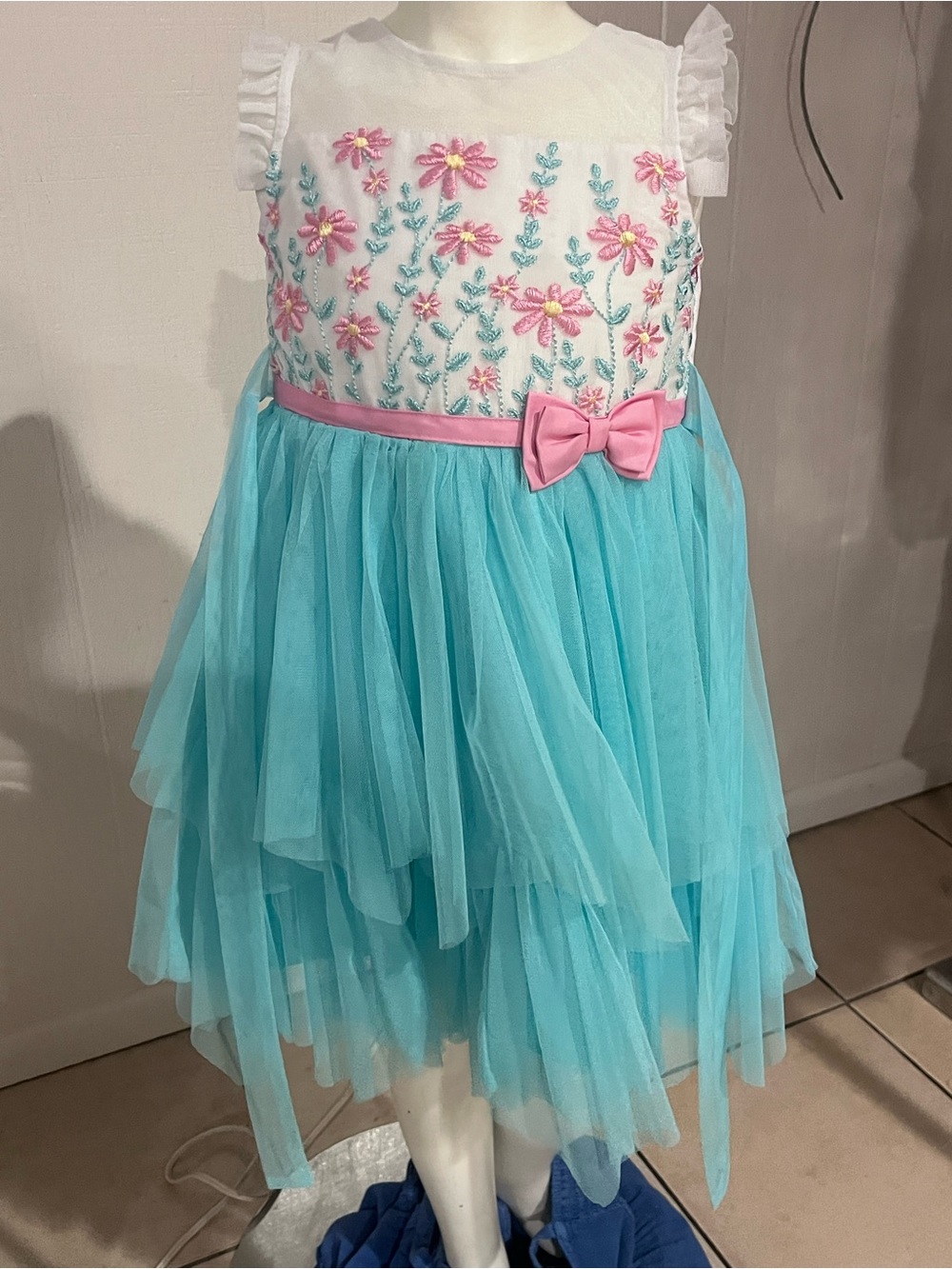 Jona Michelle White & Aqua Tulle Floral Applique Party Dress with Pink Bow